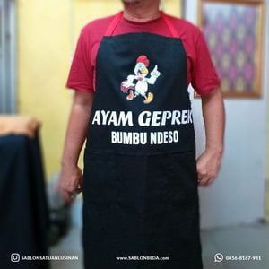 contoh hasil sablon apron celemek satuan dengan DTF DTG polyflex satuan dan lusinan